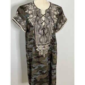 Savanna Jane Women's Green Camo Embroidered Dress Size Medium Boho‎ Festival
